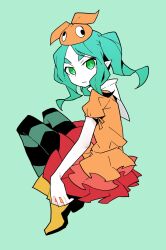 1girl akableak aqua_background aqua_hair aqua_thighhighs arms_at_sides black_thighhighs boots bright_pupils closed_mouth commentary dress expressionless frilled_dress frills full_body googly_eyes green_eyes hat highres hikimayu knees_up long_hair looking_at_viewer looking_to_the_side monogatari_(series) ononoki_yotsugi orange_dress orange_hat pale_skin parted_bangs pointy_ears puffy_short_sleeves puffy_sleeves romaji_commentary rubber_boots short_eyebrows short_sleeves sidelocks sitting solo striped_clothes striped_thighhighs thick_eyebrows thighhighs twintails two-tone_thighhighs v-shaped_eyebrows wavy_hair white_pupils yellow_footwear 