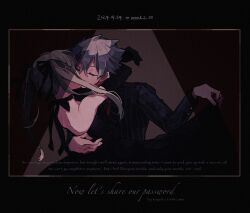  1boy 1girl artist_name backless_dress backless_outfit black_dress black_gloves black_ribbon black_suit blonde_hair buttoned_cuffs buttons closed_eyes couple dated dress elbow_gloves english_text formal gloves hair_ribbon highres kiss maka_albarn mizu_(mu480) poem ribbon soul_eater soul_evans striped_suit suit white_hair 