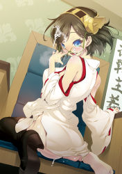 10s 1girl adjusting_eyewear ass bare_shoulders barefoot blue_eyes blush boots brown_hair cum cum_on_eyewear cum_on_hair detached_sleeves facial from_behind glasses hairband japanese_clothes kantai_collection kirishima_(kancolle) looking_back miko nilitsu open_mouth personification ribbon-trimmed_sleeves ribbon_trim short_hair single_shoe sitting skirt smile solo thigh_boots thighhighs wariza wide_sleeves rating:Explicit score:36 user:danbooru
