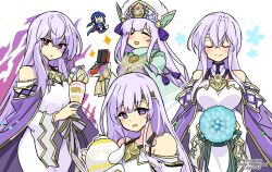  aura bare_shoulders breasts cape chibi circlet corruption cup dark_aura dark_persona fire_emblem fire_emblem:_genealogy_of_the_holy_war fire_emblem_heroes flower food holding holding_cup holding_flower holding_food ice_cream jewelry julia_(crusader_of_light)_(fire_emblem) julia_(fire_emblem) julia_(heart_usurped)_(fire_emblem) julia_(scion)_(fire_emblem) long_hair long_sleeves looking_at_viewer multiple_girls nintendo open_mouth purple_cape purple_eyes purple_hair red_eyes ring seliph_(fire_emblem) simple_background smile teacup wide_sleeves yukia_(firstaid0) 