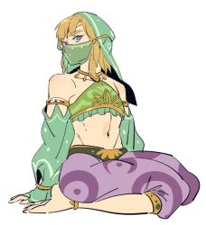  1boy arabian_clothes bare_shoulders blonde_hair blue_eyes bridal_gauntlets crossdressing detached_sleeves gerudo_set_(zelda) harem_pants jewelry link looking_at_viewer male_focus mouth_veil navel nintendo official_alternate_costume pants pointy_ears rani_grb solo stomach the_legend_of_zelda the_legend_of_zelda:_breath_of_the_wild trap veil 