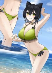  absurdres animal_ears bikini black_collar black_hair bow bow_bikini breasts cat_ears cliov collar frills green_bikini green_eyes green_nails hair_between_eyes hand_on_own_hip heart heart_collar highres indie_virtual_youtuber large_breasts multiple_views nail_polish outdoors partially_submerged smile swimsuit tagme teeth untying virtual_youtuber water wet zumzumtm  rating:Questionable score:2 user:Tabithalos