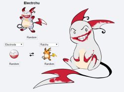  blood blood_on_face blood_on_hands character_name creatures_(company) electrode english_text full_body fusion game_freak gen_1_pokemon grey_background grin happy jpeg_artifacts looking_at_viewer nintendo pokemon pokemon_(creature) raichu reference_inset simple_background sitting smile teeth teranen white_eyes 