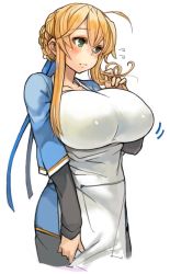  1girl aged_up ahoge alternate_breast_size apron artoria_pendragon_(all) artoria_pendragon_(fate) artoria_pendragon_(lancer)_(fate) blonde_hair blush braid braided_bun breasts fate/stay_night fate_(series) green_eyes hair_bun huge_breasts playing_with_own_hair saber_(fate) sachito short_hair_with_long_locks single_hair_bun solo  rating:Sensitive score:73 user:danbooru