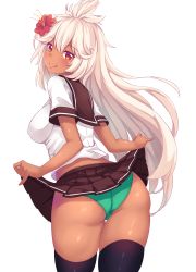 1girl :q ass black_thighhighs blonde_hair blush breasts brown_skirt closed_mouth clothes_lift dark-skinned_female dark_skin flower granblue_fantasy green_panties hair_flower hair_ornament hibiscus highres leaning_forward lifting_own_clothes long_hair medium_breasts nottytiffy panties pleated_skirt red_eyes school_uniform serafuku shiny_skin shirt short_sleeves simple_background skirt skirt_lift smile solo standing straight_hair thigh_gap thighhighs tongue tongue_out trefoil underwear upskirt very_long_hair white_background white_shirt zooey_(granblue_fantasy) rating:Questionable score:61 user:danbooru