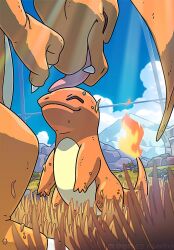  charizard charmander closed_eyes cloud colored_skin creatures_(company) fiery_tail game_freak gen_1_pokemon grass happy komepan licking licking_another&#039;s_head lizard mountain nature nintendo orange_skin orange_wings outdoors pokemon pokemon_(creature) rock sky tail tree wings 