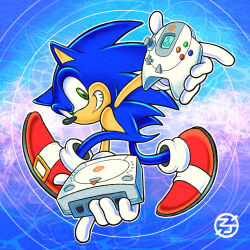 1boy animal_nose anniversary commentary controller dreamcast_controller english_commentary furry furry_male game_console game_controller green_eyes holding holding_controller holding_game_controller male_focus parody red_footwear sega_dreamcast shoes smile solo sonic_(series) sonic_adventure sonic_adventure_pose sonic_the_hedgehog the_congressman