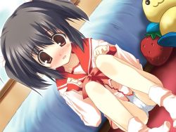 00s :3 :o aged_down bed black_hair blush bow cameltoe dutch_angle embarrassed flat_chest food fruit game_cg hair_ribbon indoors loli long_sleeves no_pants open_mouth panties pink_eyes ribbon school_uniform serafuku short_hair short_twintails sitting sleeves_past_wrists socks solo splush_wave strawberry stuffed_toy to_heart_(series) to_heart_2 twintails underwear window yuzuhara_konomi rating:Questionable score:10 user:Anonymous