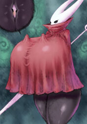  1boy 1girl 2b-ge between_breasts black_skin blush breasts colored_skin curvy dress eyelashes flying_sweatdrops furry furry_female gigantic_breasts hollow_knight hornet_(hollow_knight) horns knight_(hollow_knight) no_humans person_between_breasts red_dress shiny_skin size_difference standing sword weapon 