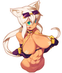  1girl :p abs animal_ears bare_shoulders breasts cat_ears cat_girl cat_tail dark-skinned_female dark_skin elbow_gloves eyewear_on_head gloves green_eyes highres inverted_nipples kaiten_muten-maru large_breasts light_areolae long_hair looking_at_viewer metata navel nipples no_legs puffy_nipples shamu_meruruusa simple_background smile solo sunglasses tail toned tongue tongue_out undressing upper_body white_background white_hair 