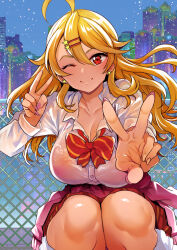 1girl ;) ahoge amaryllis_gumi blonde_hair bow bowtie bra bra_visible_through_clothes breasts building buttons cardigan cardigan_around_waist city_lights cleavage clothes_around_waist collared_shirt commentary confetti double_v earrings fence gyaru hair_ornament hairclip highres jewelry kneehighs kogal large_breasts long_hair long_sleeves looking_at_viewer loose_socks nail_polish nakasone_haiji night one_eye_closed ouga_saki pink_bra pink_cardigan plaid plaid_skirt purple_nails red_bow red_bowtie red_eyes red_skirt school_uniform see-through see-through_shirt shirt skirt skyscraper smile socks solo squatting star_(symbol) star_earrings star_hair_ornament tan underwear v virtual_youtuber white_shirt white_socks wing_collar 