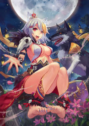 1girl :d animal_ears ankle_wrap anklet atdan bad_id bad_pixiv_id barefoot blonde_hair breasts fang feet fingernails hair_ornament hairclip jewelry land_of_caromag long_fingernails long_toenails looking_at_another looking_at_viewer medium_breasts multicolored_hair official_art open_mouth original outdoors outstretched_arm red_eyes red_skirt revealing_clothes rock short_hair sitting sitting_on_rock skirt skirt_set skull smile solo spiked_hair toenails two-tone_hair white_hair wolf wolf_ears wolf_girl rating:Sensitive score:33 user:danbooru