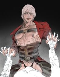  2boys absurdres bara bare_pectorals belt belt_bra black_panties blue_eyes blush dante_(devil_may_cry) devil_may_cry devil_may_cry_(series) devil_may_cry_4 erection facial_hair heyheee highres holding holding_hands interlocked_fingers lingerie looking_at_another looking_at_viewer male_focus mature_male multiple_boys muscular muscular_male nipple_jewelry nipple_piercing nipple_rings panties pectoral_focus pectorals piercing pov smile straddling underwear white_hair yaoi 