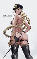  1girl aelion_draws artist_name ass baton_(weapon) bikini black_gloves bodypaint braid breasts cammy_white camouflage commentary english_commentary facial_scar gloves hand_on_own_hip hat highres large_breasts looking_at_viewer looking_back micro_bikini patreon_username police_hat scar scar_on_cheek scar_on_face seductive_gaze seductive_smile sideboob smile solo standing street_fighter street_fighter_6 street_fighter_v street_fighter_zero_(series) swimsuit thick_eyebrows thigh_strap thong twin_braids weapon 