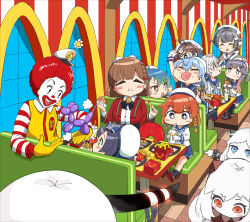 1boy 6+girls asahi_(kancolle) balloon_animal black_hair breasts brown_hair burger chougei_(kancolle) closed_eyes clown commentary cup disposable_cup eating enemy_lifebuoy_(kancolle) english_commentary etorofu_(kancolle) fast_food flower food food_on_face french_fries fukae_(kancolle) glasses gloves grey_hair hair_flaps hair_ornament hat highres hirato_(kancolle) holding holding_cup holding_food horns indoors jingei_(kancolle) kantai_collection matsuwa_(kancolle) mcdonald&#039;s medium_breasts mole mole_under_eye multiple_girls northern_little_sister northern_ocean_princess open_mouth osananajimi_neko purple_hair red_hair ronald_mcdonald sado_(kancolle) seaport_princess single_horn sitting sparkle tsushima_(kancolle) white_flower white_gloves white_hair white_headwear