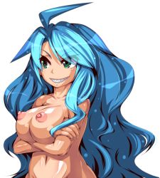  1girl blue_hair breasts copyright_request green_eyes grin large_breasts long_hair nipples nude puffy_nipples smile solo tagme tougenkyo_momo upper_body  rating:Explicit score:6 user:XChaosX