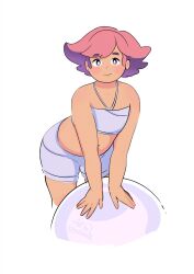  1girl absurdres ball bandeau bent_over cloudxmoe colored_inner_hair commentary dark-skinned_female dark_skin english_commentary flat_chest glimmer_(she-ra) grey_shorts halterneck highres looking_at_viewer multicolored_hair pink_hair plump purple_eyes purple_hair she-ra_and_the_princesses_of_power short_hair shorts signature smile solo thick_arms two-tone_hair 