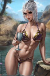  1girl artist_name baldur&#039;s_gate_3 bikini black_eyeshadow blurry blurry_background braid breasts chalice collarbone cup dandon_fuga dungeons_&amp;_dragons eyeshadow freckles gluteal_fold gold_trim green_eyes grey_hair groin gumroad_username highres holding holding_cup jewelry large_breasts lips long_braid looking_at_viewer makeup multi-tied_hair patreon_username pointy_ears purple_bikini river rock scar scar_on_face scar_on_nose shadowheart_(baldur&#039;s_gate) solo swimsuit thick_thighs thighs toned tree underwear wading water wet 