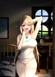  1girl absurdres arm_behind_head armpits bed blonde_hair blurry blurry_background blush breasts commentary_request core_crystal_(xenoblade) eyelashes highres indoors kanuici336 large_breasts long_hair mythra_(xenoblade) one_eye_closed open_mouth orange_eyes panties shirt solo standing swept_bangs thighs underwear white_panties white_shirt window xenoblade_chronicles_(series) xenoblade_chronicles_2 yawning 