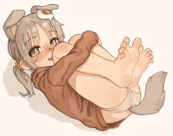  1girl absurdres animal_ears bare_legs blush brown_eyes brown_hoodie dog_ears dog_girl dog_tail egg_hair_ornament feet food-themed_hair_ornament funny_(syrupmelty) grey_hair hair_bobbles hair_ornament highres hood hoodie hugging_own_legs legs_up loli long_sleeves low_twintails lying medium_hair on_back open_mouth original panties short_twintails simple_background smile soles solo syrupmelty tail toenails toes twintails underwear white_background white_panties  rating:Sensitive score:20 user:danbooru