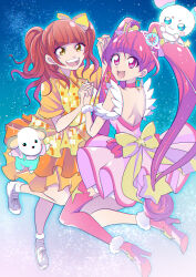  2girls absurdres back_bow blunt_bangs bow brown_hair choker collared_dress commentary cure_star dress earrings floating fuwa_(precure) hair_bow high_heels highres holding_hands hoop_earrings hoshina_hikaru interlocked_fingers jewelry layered_dress long_hair looking_at_another looking_at_viewer looking_back magical_girl medium_dress medium_hair mitsuki_tayura multiple_girls naruse_eimi open_mouth orange_dress pink_choker pink_eyes pink_footwear pink_hair pink_theme precure real_life shoes short_dress short_sleeves single_thighhigh sleeveless sleeveless_dress smile sneakers socks space star_twinkle_precure thighhighs twintails very_long_hair voice_actor voice_actor_connection white_footwear white_socks yellow_bow 