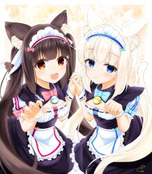  2girls :3 :d absurdres animal_ear_fluff animal_ears apron bell black_dress blue_bow blue_bowtie blue_eyes blunt_bangs blush bow bowtie breasts brown_hair cat_ears cat_girl cat_tail chocola_(nekopara) claw_pose cleavage cleavage_cutout closed_mouth clothing_cutout commentary_request cowboy_shot dress frilled_dress frills hair_bow hair_ribbon hands_up happy highres holding_hands interlocked_fingers jingle_bell long_hair looking_at_viewer low_twintails maid maid_headdress medium_breasts multiple_girls neck_bell nekopara open_mouth paw_pose pink_bow pink_bowtie puffy_short_sleeves puffy_sleeves ribbon shiika_0520 short_sleeves siblings side-by-side sidelocks signature simple_background sisters small_breasts smile straight_hair tail tail_raised tsurime twintails vanilla_(nekopara) very_long_hair waist_apron waitress white_apron white_background white_hair white_ribbon white_wrist_cuffs wrist_cuffs 
