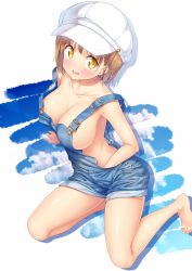 1girl arm_support barefoot blush breasts brown_hair cleavage collarbone commentary hand_in_overalls hat highres kazuma_(kazumav) large_breasts looking_at_viewer naked_overalls original overalls short_hair solo sweatdrop white_hat yellow_eyes rating:Questionable score:55 user:danbooru