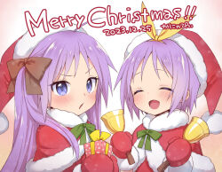 2girls bell blush bow bowtie box capelet christmas closed_eyes commentary_request dated fur-trimmed_capelet fur-trimmed_headwear fur_trim gift gift_box hat hiiragi_kagami hiiragi_tsukasa holding holding_gift kanya_pyi long_hair looking_at_viewer lucky_star merry_christmas multiple_girls open_mouth purple_eyes purple_hair red_capelet santa_costume santa_hat short_hair siblings sisters smile upper_body 