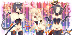 10s 3girls alternate_costume alternate_hairstyle angry animal_ears areola_slip arms_behind_back bare_shoulders bat_wings black_legwear black_panties blonde_hair blush breasts cat_ears cat_tail cleft_of_venus closed_eyes corset covered_erect_nipples embarrassed eyepatch fake_animal_ears fang fat_mons hair_between_eyes halloween hand_on_own_chest huge_breasts kantai_collection kemonomimi_mode kittysuit large_breasts leaning_forward leotard long_hair looking_at_viewer looking_down micro_panties multiple_girls navel nontraditional_playboy_bunny off_shoulder open_mouth panties parted_bangs partially_visible_vulva playboy_bunny ponytail puffy_nipples purple_hair rabbit_ears revealing_clothes shimakaze_(kancolle) short_hair sideboob skindentation small_breasts smile tail tatsuta_(kancolle) tenryuu_(kancolle) thighhighs thighs thong translation_request underboob underwear wedgie wings yellow_eyes yuasa_akira rating:Questionable score:27 user:danbooru
