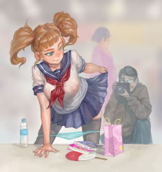 1boy 1girl 2girls arm_support bad_id bad_pixiv_id bag bent_over black_thighhighs blonde_hair blue_eyes blue_skirt blunt_bangs bottle breasts camera chen_zhang clothes_lift covered_erect_nipples exhibitionism glasses highres hua_ye_cai lifting_own_clothes long_hair looking_back medium_breasts multiple_girls neckerchief no_bra original panties panty_pull pleated_skirt presenting public_indecency school_uniform see-through serafuku shopping_bag skirt skirt_lift smile solo_focus striped_clothes striped_panties taking_picture thighhighs twintails underwear water_bottle rating:Questionable score:107 user:danbooru