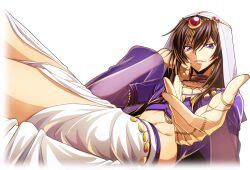 1boy alternate_hair_length alternate_hairstyle arabian_clothes artist_request black_hair blue_gemstone choker code_geass code_geass:_lost_stories collarbone crop_top dutch_angle earrings game_cg gem hair_between_eyes hand_on_own_cheek hand_on_own_face hand_up head_rest headpiece jewelry leaning_back lelouch_vi_britannia long_hair long_sleeves male_focus necklace non-web_source official_art puffy_long_sleeves puffy_sleeves purple_choker purple_shirt reaching reaching_towards_viewer red_gemstone see-through see-through_sleeves shirt sidelocks simple_background sitting solo thighs transparent_background veil