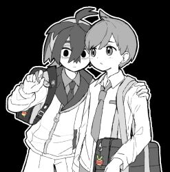  2boys applin backpack bag bag_charm blush charm_(object) closed_mouth collared_shirt creatures_(company) crime_prevention_buzzer crime_prevention_buzzer_threat crossed_bangs florian_(pokemon) game_freak gen_8_pokemon greyscale hairband jacket kieran_(pokemon) long_sleeves looking_at_viewer male_focus monochrome multiple_boys nintendo osatsuwaoisiiyo outline parted_lips pokemon pokemon_sv shaded_face shirt simple_background spot_color 