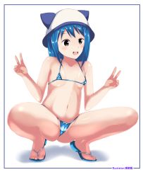  10s 1girl absurdres aoyama_kotoha_(mitsuboshi_colors) bare_arms bare_legs bare_shoulders bikini blue_bikini blue_eyes blue_hair breasts cameltoe collarbone double_v female_focus full_body hat highres incro300 loli micro_bikini mitsuboshi_colors navel open_mouth sandals shiny_skin small_breasts solo spread_legs squatting swimsuit v white_background  rating:Explicit score:35 user:Domestic_Importer