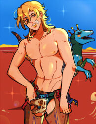  1boy absurdres bandaid bandaid_on_cheek bandaid_on_face blonde_hair blue_eyes censored chaps commentary cowboy_shot diego_brando dinosaur english_commentary green_male_underwear highres holster huyandere jojo_no_kimyou_na_bouken male_focus male_underwear medium_hair novelty_censor scar scar_on_stomach scary_monsters_(stand) signature smile solo sparkle stand_(jojo) steel_ball_run toned topless_male underwear 
