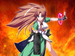 1girl arm_cannon breasts dragon fal_(falketto) female_focus fingerless_gloves fusion gloves green_eyes hong_meiling large_breasts long_hair red_eyes red_hair reiuji_utsuho smile solo third_eye touhou weapon wings rating:Sensitive score:11 user:danbooru