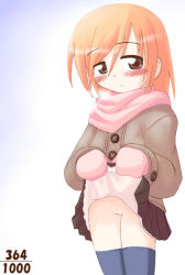1girl blush brown_eyes cleft_of_venus clothes_lift coat ikkyuu loli mittens no_panties orange_hair pussy scarf simple_background skirt skirt_lift solo source_request thighhighs uncensored rating:Explicit score:13 user:Tom23