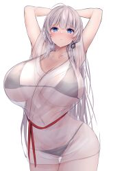  1girl absurdres arms_behind_head azur_lane bikini blue_eyes blush breasts cleavage closed_mouth collarbone cowboy_shot curvy earrings grey_hair highres huge_breasts jewelry long_hair looking_at_viewer mainz_(azur_lane) mainz_(the_silkiest_brew)_(azur_lane) navel red_string see-through single_earring solo standing string swimsuit swimsuit_under_clothes thick_thighs thighs white_background wide_hips yuuki_shuri 