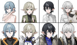  4boys :d aged_down animal armor aymeric_de_borel black_hair black_shirt blue_eyes breastplate brown_hair chainmail chihuri closed_mouth ear_piercing earrings estinien_varlineau final_fantasy final_fantasy_xiv green_eyes green_jacket grey_eyes grey_hair hair_between_eyes haurchefant_greystone highres jacket jewelry male_focus multiple_boys nude open_mouth piercing pointy_ears sheep shirt smile sweat white_background white_shirt zephirin_de_valhourdin 