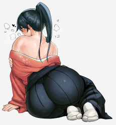 10s 1girl ass bad_id bad_pixiv_id bare_shoulders black_hair blush curvy highres houshou_(kancolle) huge_ass japanese_clothes kantai_collection long_hair looking_back off_shoulder plump ponytail simple_background smile solo synecdoche undressing wide_hips rating:Questionable score:220 user:danbooru