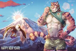  1boy abs animal_nose armpit_hair bara bare_pectorals bird blue_eyes body_fur chinese_zodiac cloud eagle eggplant english_text fang fang_out furry furry_male green_shorts happy_new_year hatsuyume highres large_pectorals male_focus mount_fuji mountain muscular muscular_male navel navel_hair new_year nipples orange_fur original pectorals shorts sky smile solo_focus sports_bra suamaru sunrise sweat tail thick_eyebrows tiger_boy watch wiping_sweat wristwatch year_of_the_tiger 