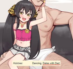 1boy 1girl age_difference animal_print arm_up armpits blush bulge cigar collarbone crop_top english_text father_and_daughter feet_out_of_frame flat_chest gold_necklace grey_skirt hair_between_eyes hair_ribbon head_out_of_frame heart heart_necklace hetero highres idolmaster idolmaster_cinderella_girls idolmaster_cinderella_girls_u149 jewelry leopard_print loli long_hair looking_at_viewer matoba_risa midriff miniskirt muscular muscular_male navel necklace open_mouth pectorals pleated_skirt ribbon sitting sitting_on_lap sitting_on_person skirt solo_focus strap_slip teeth topless_male twintails upper_teeth_only yellow_eyes yellow_ribbon yeun rating:Questionable score:345 user:danbooru