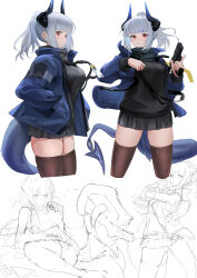  1girl absurdres arknights black_horns black_skirt black_sweater blue_horns blue_jacket blue_tail brown_thighhighs clenched_teeth closed_mouth commentary cropped_legs dragon_girl dragon_horns dragon_tail grey_hair gun handgun hands_in_pockets hands_up highres holding holding_gun holding_weapon horns jacket lanyard liskarm_(arknights) long_sleeves looking_at_viewer miniskirt multiple_views open_clothes open_jacket pleated_skirt ponytail profile red_eyes short_hair simple_background sketch skirt standing sthk strap sweatdrop sweater tail teeth thighhighs trigger_discipline turtleneck turtleneck_sweater unfinished weapon white_background 