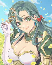  1girl aqua_hair armor bow braid breastplate breasts chloe_(fire_emblem) cleavage commentary fire_emblem fire_emblem_engage gloves green_eyes highres holding_tiara large_breasts looking_at_viewer nintendo orange_bow shoulder_armor side_braid solo teardrop_earrings ursla99 white_gloves 
