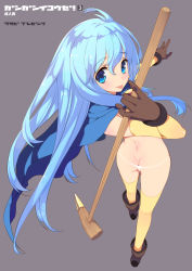 1girl :p ahoge ass blue_eyes blue_hair boots cape chunsoft dragon_quest dragon_quest_iii enix foreshortening full_body gloves grey_background long_hair looking_back matching_hair/eyes panties revision sage_(dq3) simple_background solo tatami_to_hinoki thighhighs thong tongue tongue_out underwear weapon white_panties rating:Questionable score:40 user:danbooru