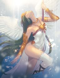 1girl angel_wings armlet blackapinaa bracelet bracer dress closed_eyes green_hair head_back highres jewelry kid_icarus kid_icarus_uprising knee_up light_particles long_hair necklace nintendo palutena side_slit single_thighhigh smile solo staff strapless strapless_dress thighhighs tiara very_long_hair white_thighhighs wings rating:Sensitive score:28 user:danbooru
