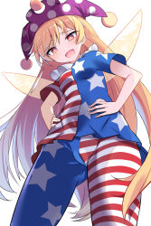  1girl absurdres american_flag_dress american_flag_legwear blonde_hair blush clownpiece cowboy_shot dress e.o. fairy fairy_wings hands_on_own_hips hat highres jester_cap long_hair multicolored_clothes multicolored_dress open_mouth pantyhose polka_dot polka_dot_headwear puffy_short_sleeves puffy_sleeves purple_hat red_eyes short_sleeves simple_background smug solo star_(symbol) star_print striped_clothes striped_dress striped_pantyhose touhou white_background wings 