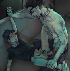  2boys abs anal arm_grab barefoot blush bottomless butterfly_position censored clenched_teeth collar crying deadman_wonderland eyepatch holding_another&#039;s_wrist igarashi_ganta leg_grab lying male_focus male_penetrated manly multiple_boys muscular on_back on_floor open_fly penis pointless_censoring rape restrained senji_kiyomasa sex shirt shota sweat t-shirt tears teeth topless_male unzipped yaoi  rating:Explicit score:146 user:danbooru