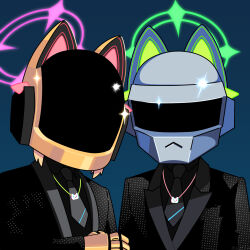  2girls adapted_costume animal_ear_headphones animal_ears blue_archive blue_background cat-shaped_neckwear cat_ear_headphones collared_shirt cosplay daft_punk fake_animal_ears formal green_halo guy-manuel_de_homem-christo guy-manuel_de_homem-christo_(cosplay) halo headphones helmet jacket jewelry mechanical_arms midori_(blue_archive) mildtaste momoi_(blue_archive) multiple_girls necklace necktie opaque_helmet parody pendant pink_halo sequins shirt siblings simple_background sisters suit suit_jacket thomas_bangalter thomas_bangalter_(cosplay) twins 