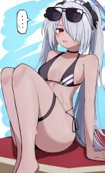  ... 1girl ass bare_arms bare_legs bare_shoulders barefoot bikini black_bikini blue_archive blush breasts dark-skinned_female dark_skin eyewear_on_head grey_hair hair_over_one_eye halo highres iori_(blue_archive) iori_(swimsuit)_(blue_archive) long_hair looking_at_viewer official_alternate_costume open_mouth pointy_ears purple_halo red_eyes sitting small_breasts solo spoken_ellipsis sunglasses swimsuit thighs twintails yun_(kbdenz9) 
