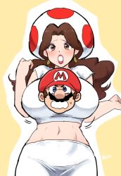  abs between_breasts breasts brown_eyes brown_hair cosplay donkey_kong_(1981_game) donkey_kong_(series) earrings hat jewelry large_breasts long_hair mario mario_(series) mario_vs._donkey_kong midriff nintendo nm_qi pauline_(mario) tears toad_(mario) toad_(mario)_(cosplay) toad_girl_(mario_vs._donkey_kong_japanese_commercial)  rating:Questionable score:26 user:somedude1000